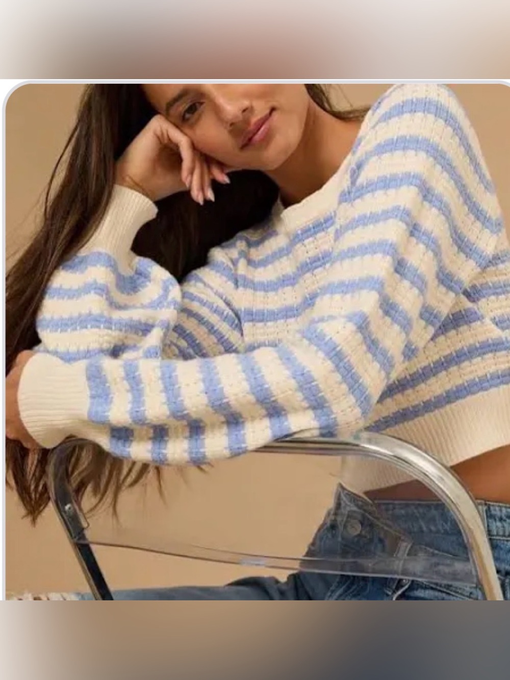 Altar’d State Cream and Light Blue Cropped Striped Sweater-XL